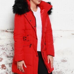 BCBG maxima Women's Red Puffer Coat with Fur Hood brand new! Retail $498 size L